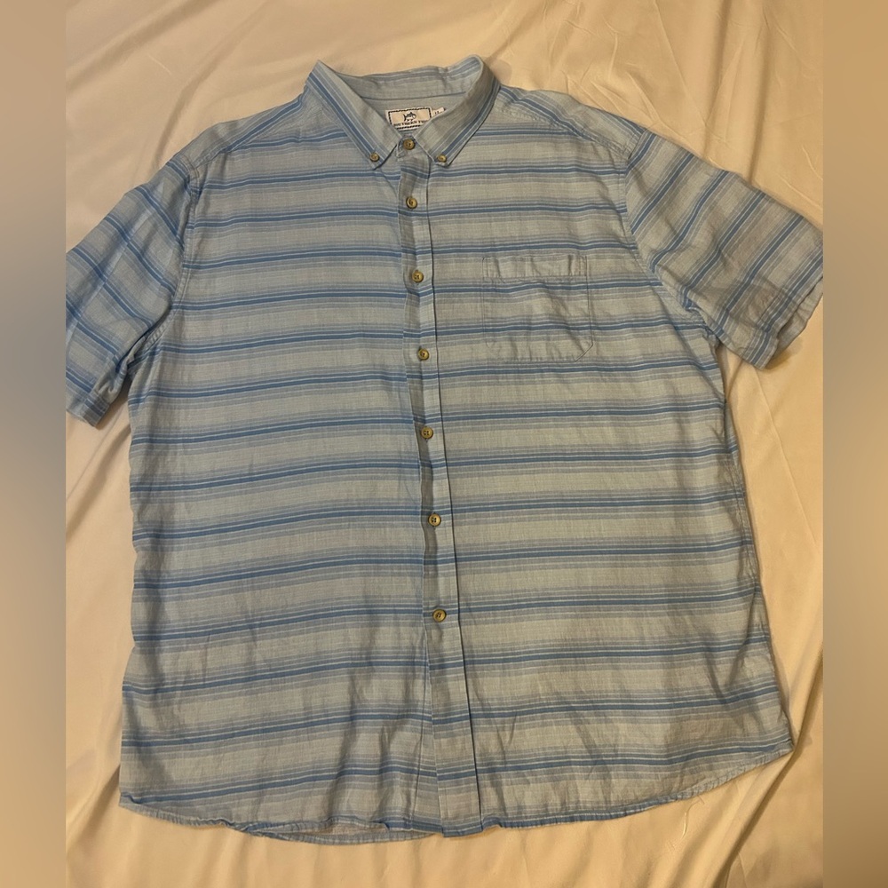 Southern Tide Linen Blend Button Down Short Sleeve Shirt Size XL Blue